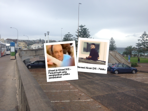 Ilustrasi Tragedi Bondi, Pelaku dan Pahlawan (Background merupakan jembatan penyeberangan tempat penembak melakukan aksinya). Sumber: Redaksi Wartajiwa