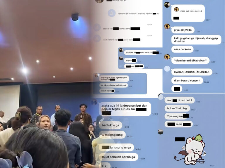 Pelaku & Tangkapan layar Chat line group kasus pelecehan seksual verbal mahasiswa FH UI.