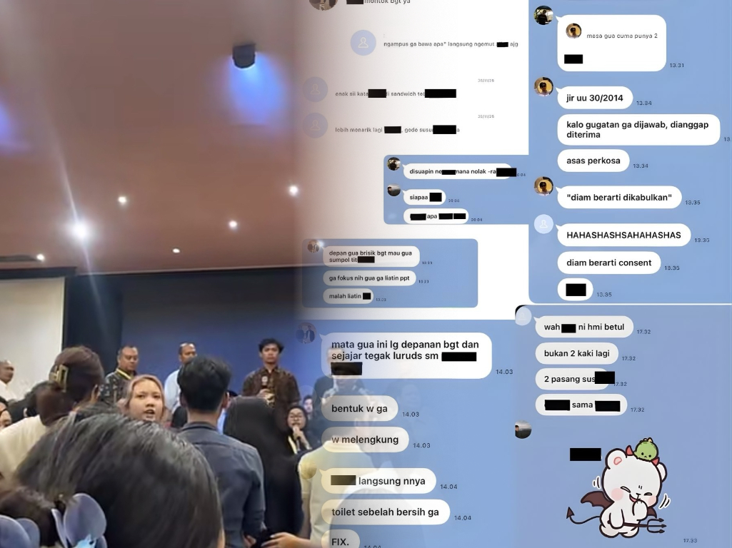 Pelaku & Tangkapan layar Chat line group kasus pelecehan seksual verbal mahasiswa FH UI.